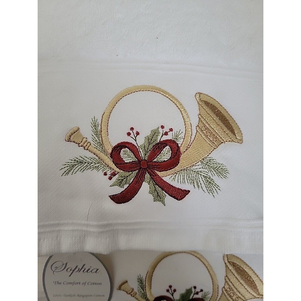 Sophia 100% Cotton Christmas Horn Bow Embroidered Towel Set of 4 New NWT - Picture 2 of 5